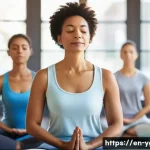 요가강사 심리 요가 지도 - A serene yoga studio scene showing a diverse group of adults practicing gentle restorative yoga pose...