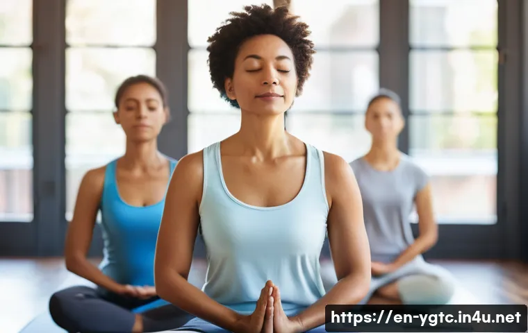 요가강사 심리 요가 지도 - A serene yoga studio scene showing a diverse group of adults practicing gentle restorative yoga pose...