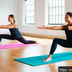 요가강사와 필라테스 병행 - A serene indoor yoga and Pilates studio bathed in soft natural light, featuring a diverse group of a...